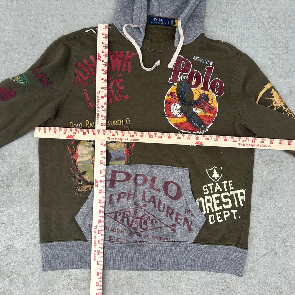 Polo Ralph Lauren Sportsman Afterhood Hoodie Mens Large Olive Multi Graphic Rare - Picture 8 of 8
